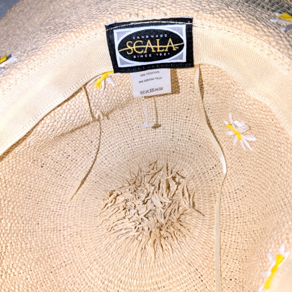Scala Wide-Brim Straw Sun Hat with White Daisy Appliqués - Pale Yellow - Picture 4 of 4